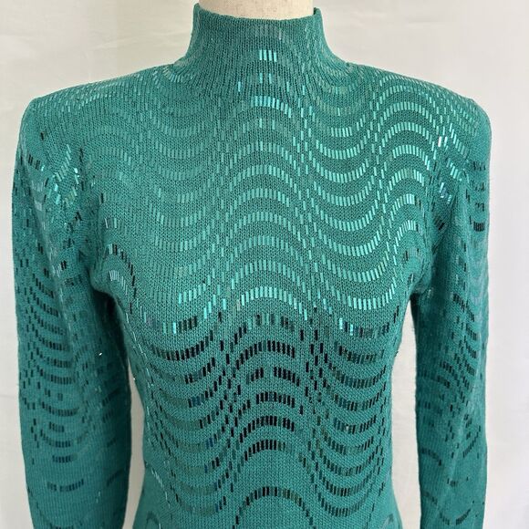 ST. JOHN Metallic Waves Paillette Santana Knit Dress 6/8 Sequins Turquoise - Picture 3 of 10